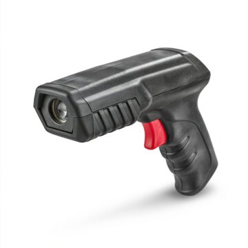 Black handheld infrared thermometer gun with red trigger isolated on white background for temperature measurement