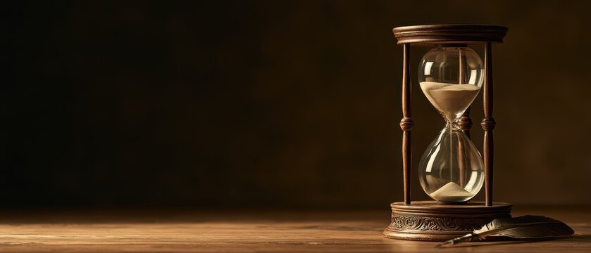 Vintage hourglass with sand flowing in glass timer on wooden table with dark brown background