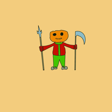 Spooky Halloween pumpkin head monster character holding a spear and scythe, hand-drawn illustration.