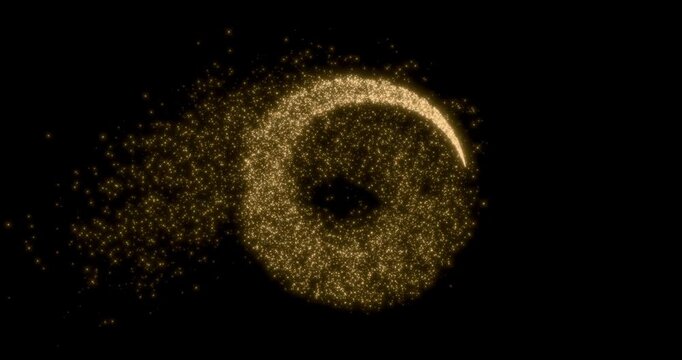 Glittering gold particle trails flying in black background. Sparkling light streaks glow dust effect. 4K 3D rendering animation.