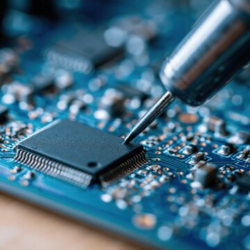 Close-up of a soldering iron tip touching a black microchip on a blue circuit board, highlighting precision electronics repair and technology.