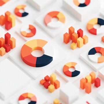 Colorful three dimensional pie charts and bar graphs arranged on white square platforms against a bright background