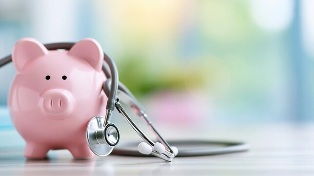 Pink piggy bank with stethoscope symbolizing healthcare savings and financial planning for medical expenses