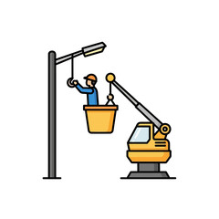 Fototapeta premium Street Light Repair Worker with Bucket Crane Truck Vector Icon