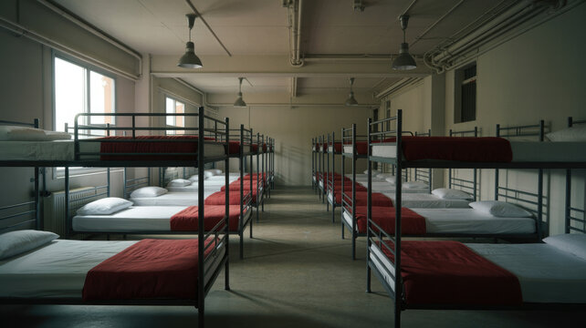 Industrial dormitory featuring rows of metal bunk beds in dimly lit shared sleeping quarters space with dormitory filled multiple, displays dimly, hostel