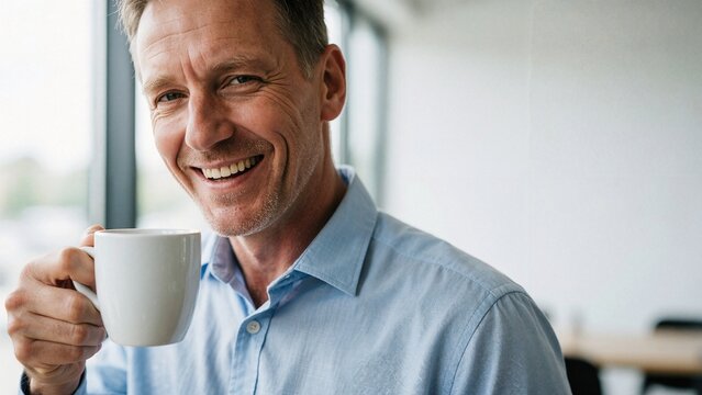 Businessman having coffee break with large copyspace