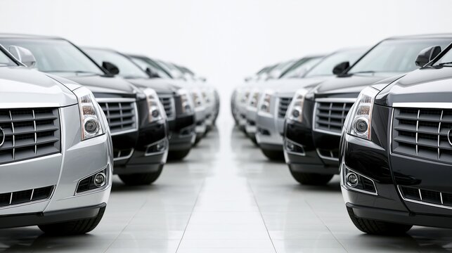 Rows of luxury cars parked side by side in a bright showroom with polished floors reflecting their sleek designs