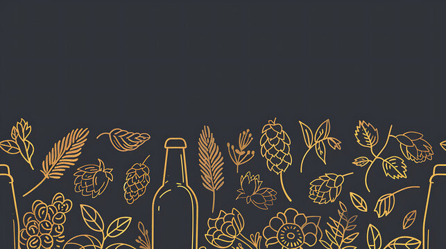 Elegant gold vintage outline brewery element bottom border with dark copy space for craft brand corporate visuals and premium pub menu covers