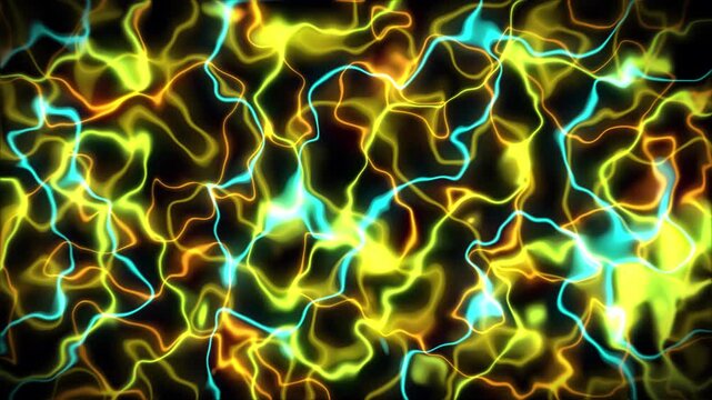 Fractal lines creating topographic map animation on black background. Contour lines wave subtly shift moving. Gradient neon line map provides colourful topography. Contour curves with initial pulse.
