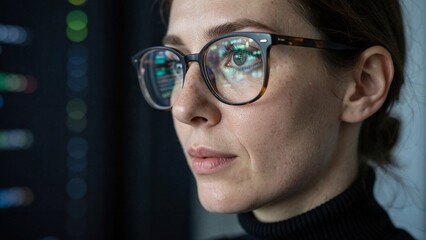 Fototapeta premium Female data analyst at work with dark copyspace