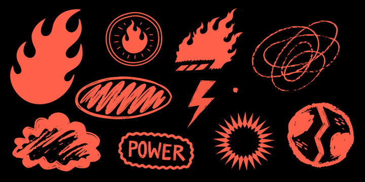 Hand drawn fire flame and energy icons with a brush stroke style