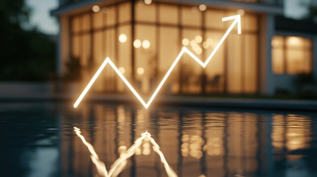 Glowing upward trending arrow graph reflected in swimming pool water with modern house background at twilight