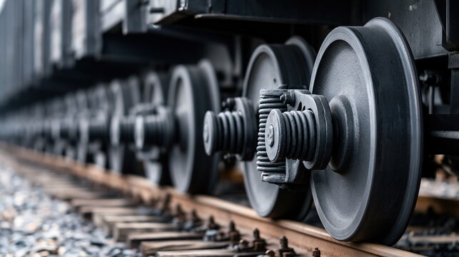 Close-up view of heavy train wheels resting on railway tracks with gravel ballast under industrial lighting