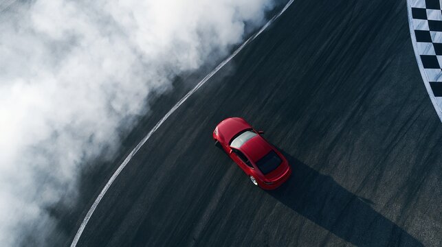 Red sports car drifting on asphalt track with white smoke and checkered flag border.