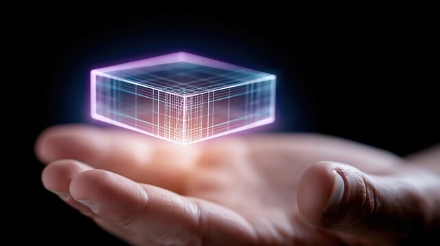 human hand holding glowing holographic cube representing future technology innovation and digital data
