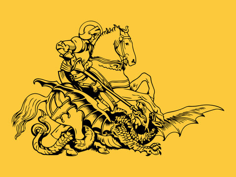 A woodcut style vector illustration of Saint George on horseback, slaying a dragon with a spear, in black on a gold background.