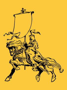 A black woodcut style illustration of a medieval knight riding a horse and holding a large blank banner, against a yellow background.