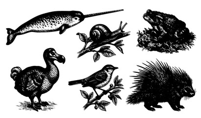 Antique Natural History Animals Vintage Engraved Vector Element Set EPS © Rasme