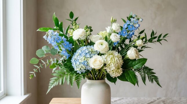 Beautiful bouquet of white and blue flowers