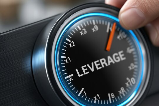 Close-up of a hand adjusting a gauge labeled leverage with blue glowing ring and orange needle pointing high