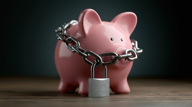 Pink ceramic piggy bank secured with heavy metal chain and padlock on wooden surface against dark background