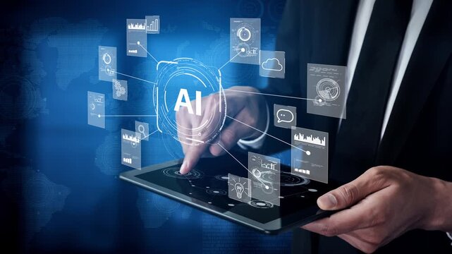 Business Professional Interacting with Advanced Technology Interface Displaying Data Insights and Artificial Intelligence Concepts. Entropy.