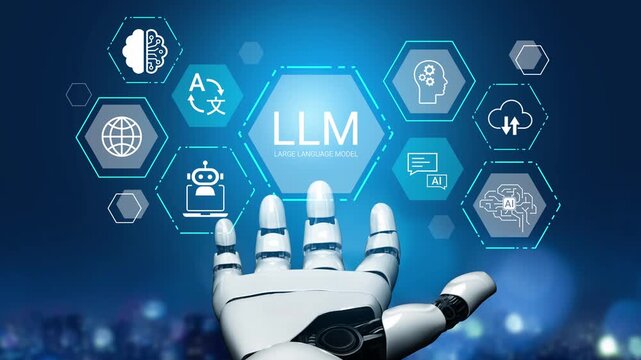 Futuristic Robot Hand Interacting with AI Icons Representing Large Language Models and Digital Intelligence in a High-Tech Environment Gluon.