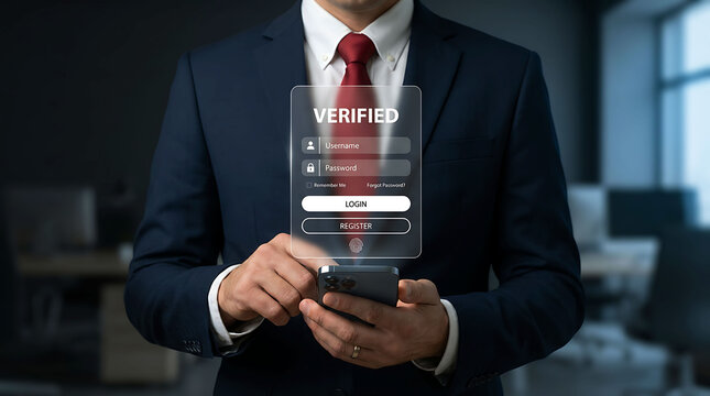 Cybersecurity verified account login and biometric authentication concept on smartphone