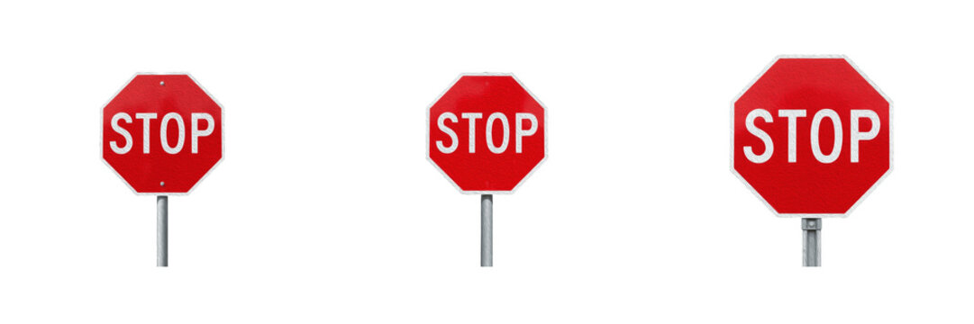 Set of Red Stop Signs Featuring Octagonal Shapes and White Text for Traffic and Road Safety Designs
