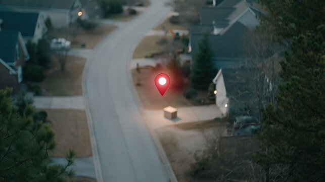 Aerial view of a suburban street with a glowing red location pin marking a house at dusk.