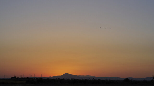 Aerial view of a sunset over a landscape featuring distant wind turbines and mountains with birds flying in the sky in Cyprus, Cyprus.