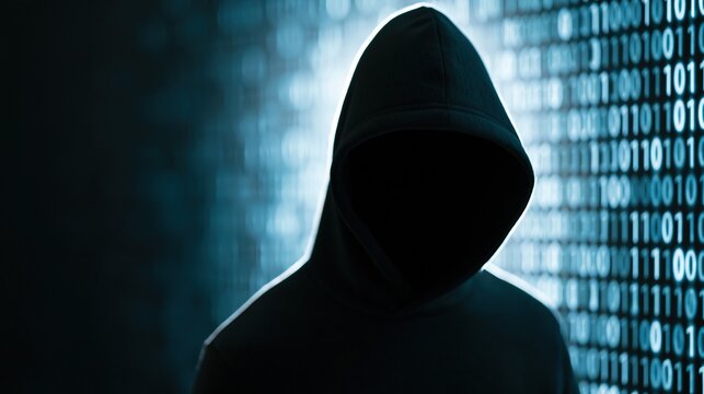 Mysterious hooded figure standing in front of glowing binary code background representing cybersecurity and hacking