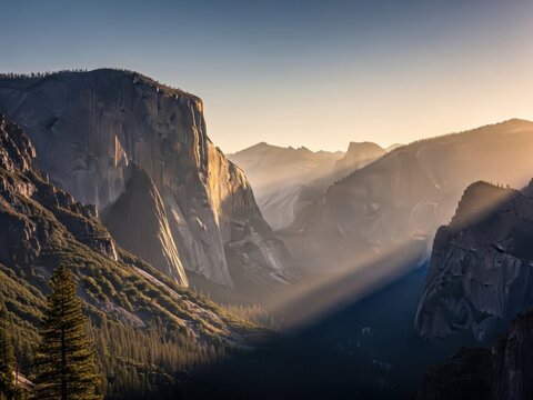 Majestic mountain valley with sunbeams breaking through mist at sunrise