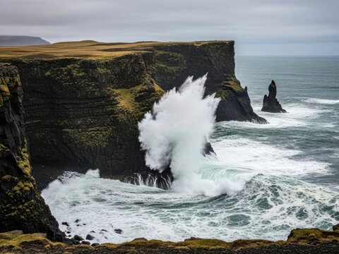Powerful ocean wave crashing against dramatic cliff face