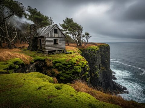 Rustic wooden cabin on mossy cliff overlooking stormy ocean waves