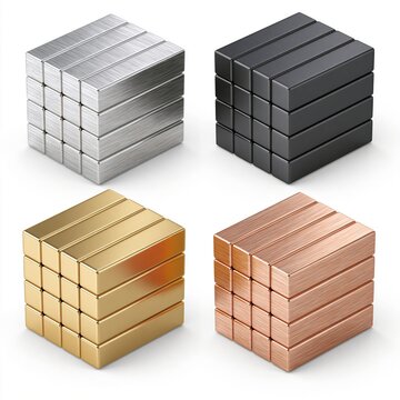 Four stacks of rectangular metal bars arranged in a grid pattern on white background
