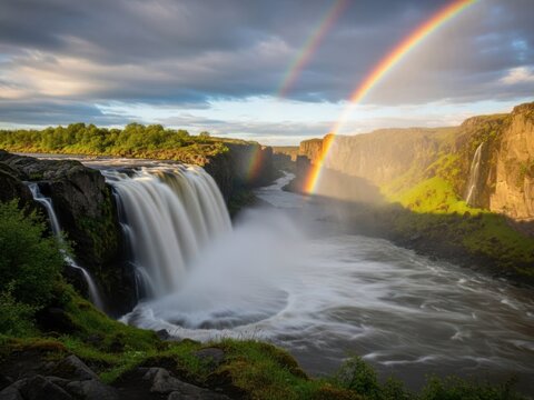 Majestic waterfall with double rainbow in dramatic landscape