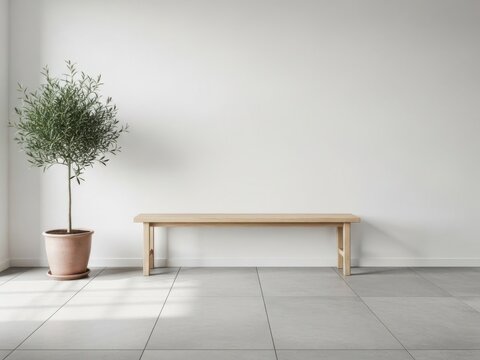 Minimalist interior scene with wooden bench and potted plant on neutral wall