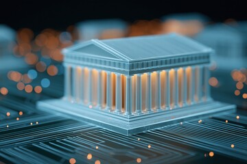 Fototapeta premium Digital rendering of a classical temple structure illuminated by warm light on a futuristic circuit board background