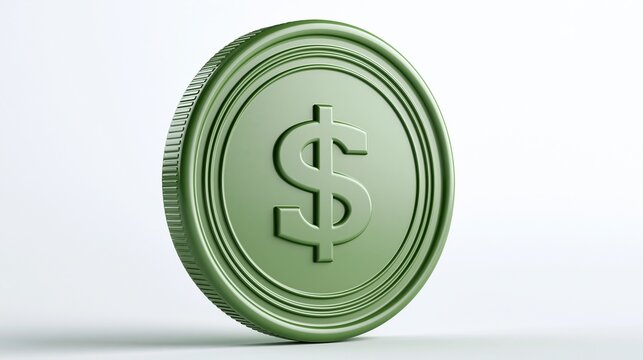 Closeup of a large green coin with an embossed dollar symbol standing upright on a white surface