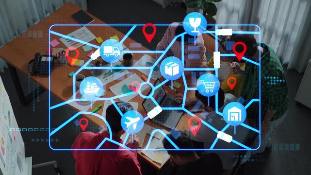 Team Collaboration on Logistics Strategy with Digital Map Visualization and Icons for Delivery and Warehousing Solutions. Entropy.