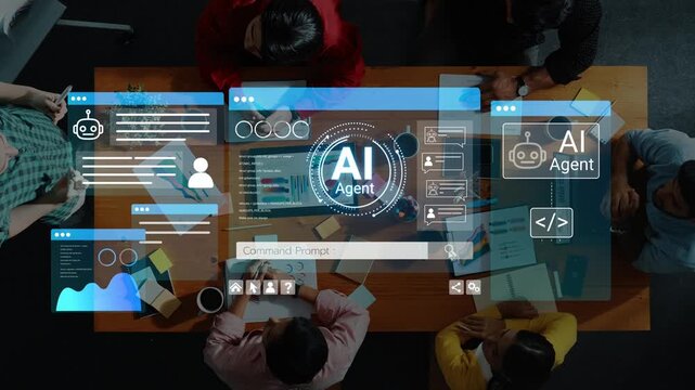 Aerial View of Diverse Team Collaborating on AI Project with Interactive Interfaces and Data Visualization, Exploring Technology and Innovation Concepts. Entropy.