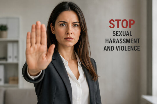 Stop Sexual Harassment and Violence at Workplace Woman Showing Stop Gesture