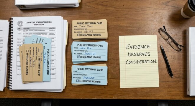 Public testimony cards and evidence displayed on a desk for legislative hearing preparation
