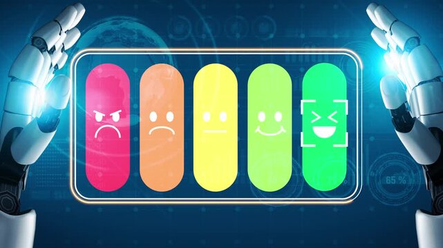 Futuristic Robot Displaying Emotion Recognition Through Colorful Emoji Faces on a Digital Interface with Earth Background and High-Tech Elements Gluon.