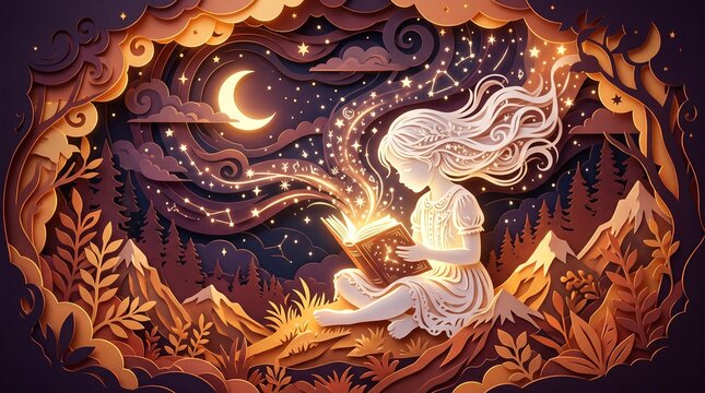 Luminous papercut shadowbox of young girl reading magical book with glowing stardust and constellations swirling into starry night sky