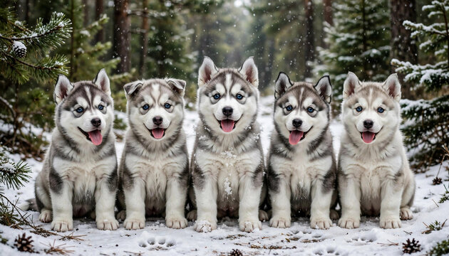 Five Cute Siberian Husky Puppies Sitting Together On Snowy Ground Looking At Camera Adorable Fluffy Alaskan Malamute Puppy Litter Portrait For Pet Care Winter Stock Photography