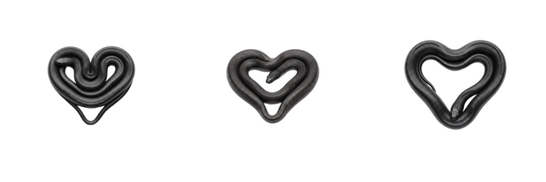 Set of coiled snake hearts isolated on transparent background, dark serpents twisted into heart shapes for romantic and wildlife design projects