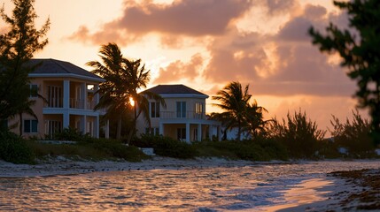Obraz premium Luxury beachfront villas silhouetted against a vibrant sunset sky with palm trees swaying near the ocean shoreline.
