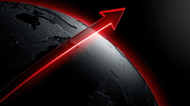 Glowing red arrow pointing upward over a dark globe representing global growth and economic progress in space